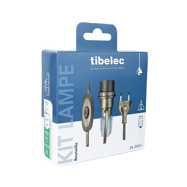 TIBELEC - Adaptateur bouteille E14 interrupteur fil et fiche or - large