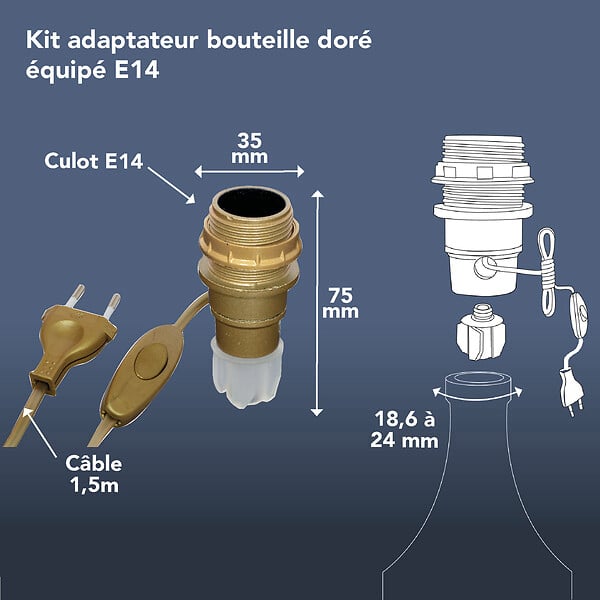 TIBELEC - Adaptateur bouteille E14 interrupteur fil et fiche or - large