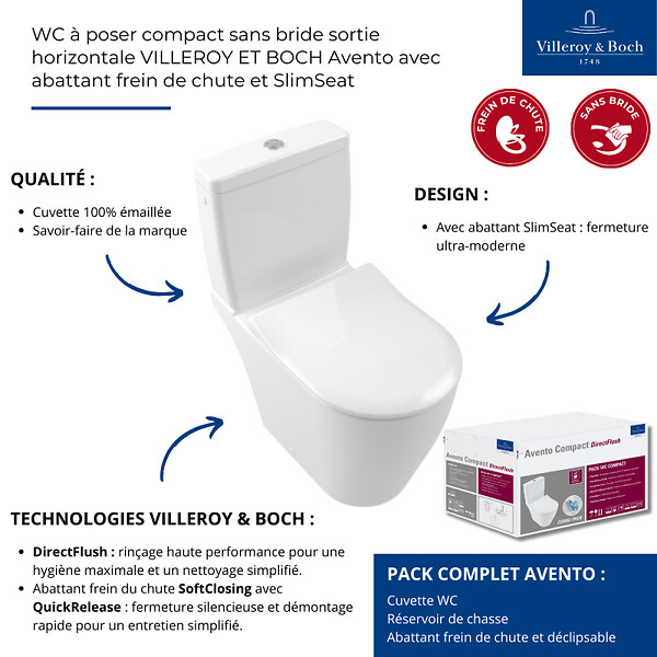 VILLEROY ET BOCH - WC à poser compact sans bride sortie horizontale  Avento avec abattant frein de chute et SlimSeat + Nettoyant - large