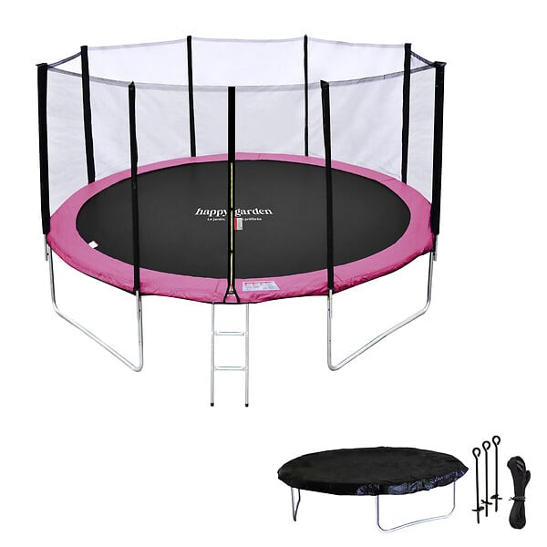 HAPPY GARDEN - Pack Premium Trampoline 370cm réversible gris / rose PERTH + filet, échelle, bâche et kit d'ancrage - large