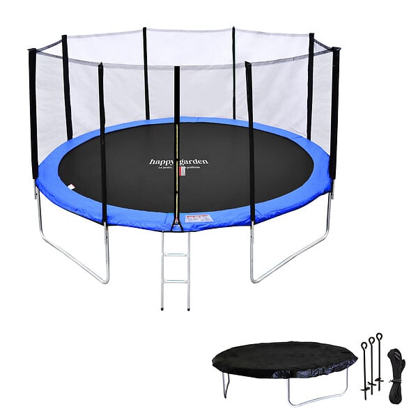HAPPY GARDEN - Pack Premium Trampoline 370cm réversible vert / bleu PERTH + filet, échelle, bâche et kit d'ancrage - large