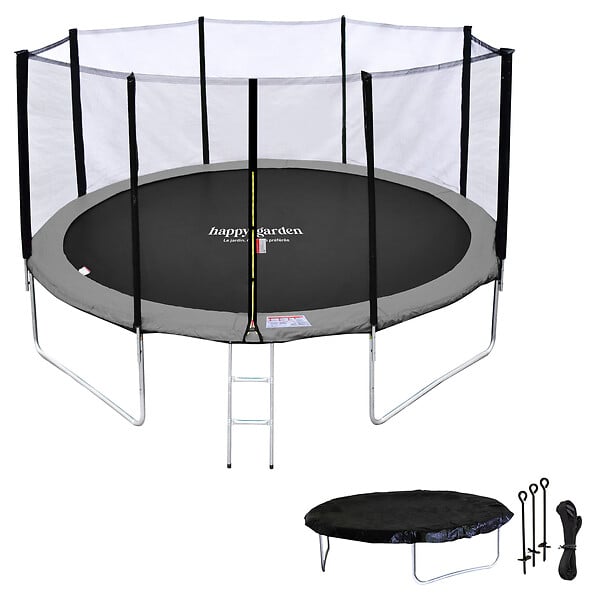 HAPPY GARDEN - Pack Premium Trampoline 430cm réversible rose / gris MELBOURNE + filet, échelle, bâche et kit d'ancrage - large