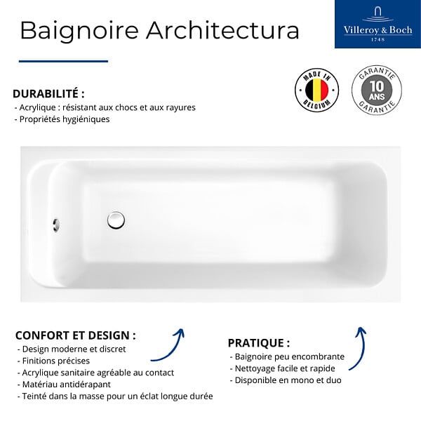 VILLEROY ET BOCH - Baignoire droite 170 X 70  Architectura acrylique - large