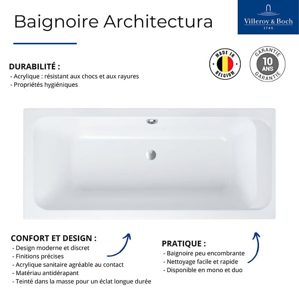 VILLEROY ET BOCH - Baignoire droite 170 X 80  Architectura acrylique - large