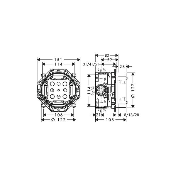 HANSGROHE - Facade thermostatique encastré Ecostat Square avec robinet d'arrêt et inverseur bronze brossé + corps encastré - large