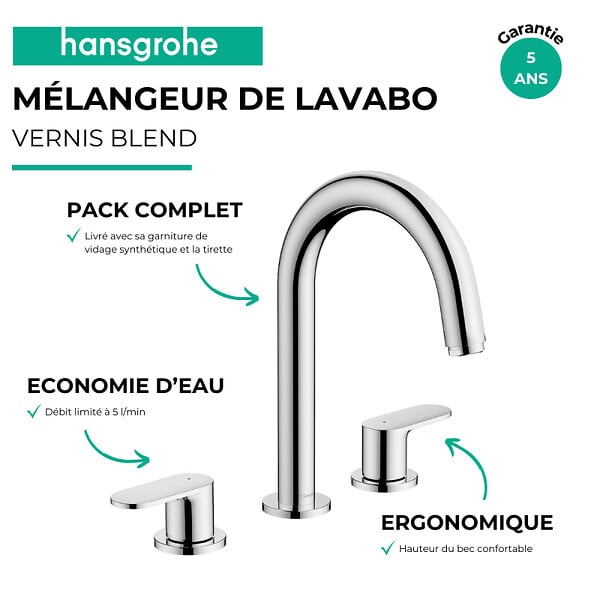 HANSGROHE - Mélangeur robinet Vernis Blend 3 trous Chromé avec tirette et vidage synthétique - large