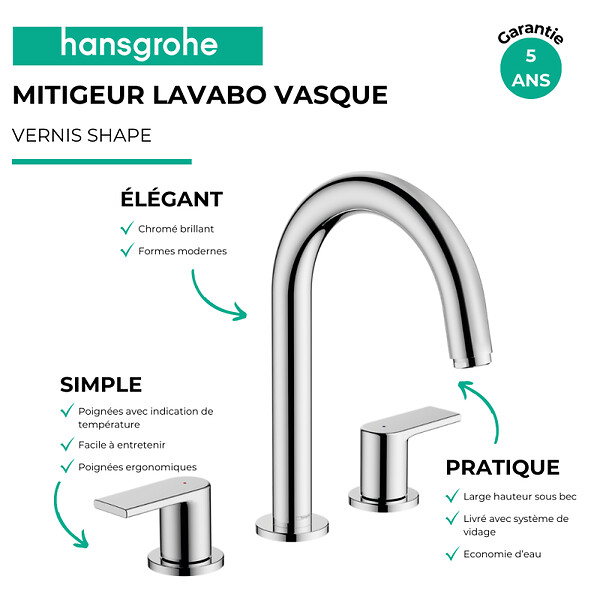 HANSGROHE - Mélangeur robinet Vernis Shape 3 trous Chromé avec tirette et vidage synthétique - large