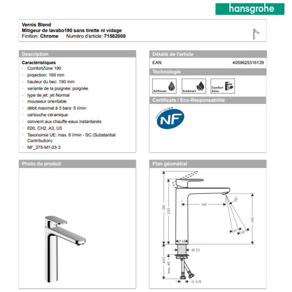 HANSGROHE - Mitigeur de lavabo, EcoSmart, comfort zone, chrome (71582000) - large