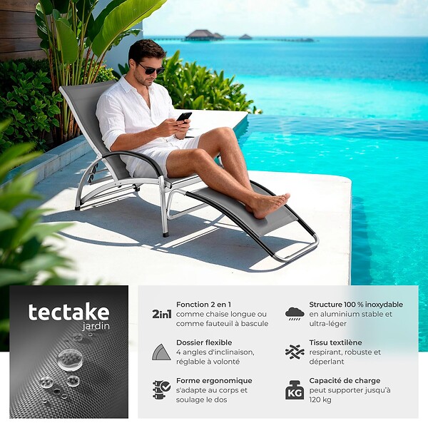 TECTAKE - Chaise longue jardin 2 en 1 transat bain de soleil anthracite textilène aluminium 4 positions inclinable fauteuil bascule 120kg pliable - large