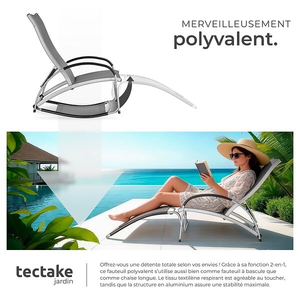 TECTAKE - Chaise longue jardin 2 en 1 transat bain de soleil anthracite textilène aluminium 4 positions inclinable fauteuil bascule 120kg pliable - large