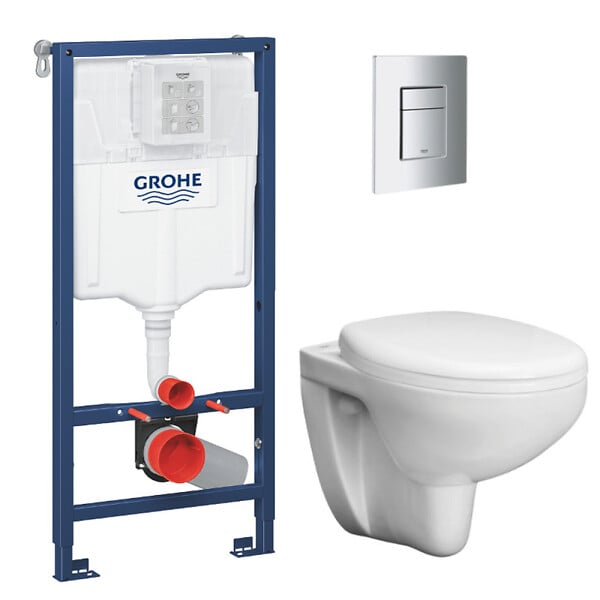 GROHE - Pack WC Bâti support Grohe Rapid SL + Cuvette sans bride Grohe Bau Ceramic, Blanc + plaque de déclenchement: Chrome (39586000) - large