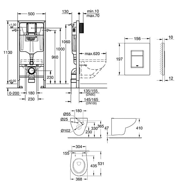 GROHE - Pack WC Bâti support Grohe Rapid SL + Cuvette sans bride Grohe Bau Ceramic, Blanc + plaque de déclenchement: Chrome (39586000) - large