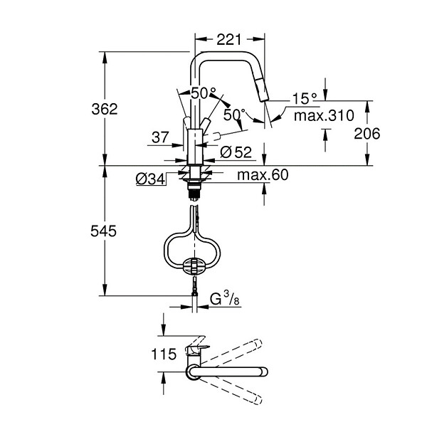 GROHE - Grohe START DN15 Mitigeur monocommande d'évier  avec douchette extractible ,Bec mobile, 2 Jets, Chrome (30631000) - large