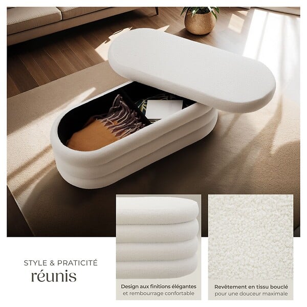TECTAKE - Banc rembourré ALTU avec espace de rangement Bouclé crème/ blanc - large