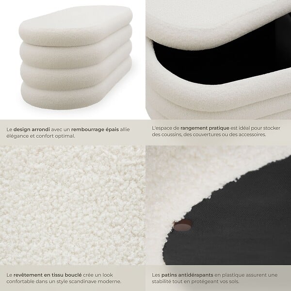 TECTAKE - Banc rembourré ALTU avec espace de rangement Bouclé crème/ blanc - large