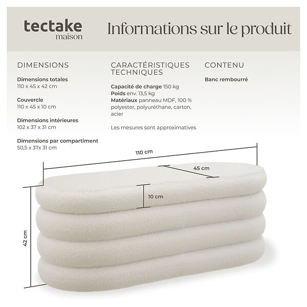 TECTAKE - Banc rembourré ALTU avec espace de rangement Bouclé crème/ blanc - large
