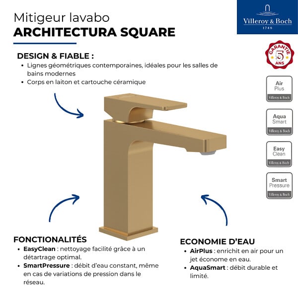 VILLEROY & BOCH - Villeroy & Boch Architectura Mitigeur Monocommande pour Lavabo , Avec vidage, Or brossé (TVW12500100076) - large