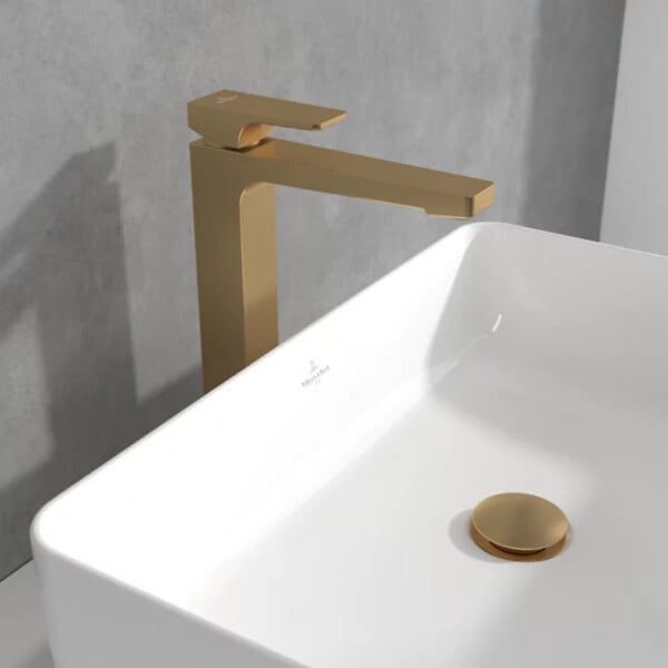 VILLEROY ET BOCH - Mitigeur lavabo surélevé  Architectura Square avec vidage Push Open Or brossé - large