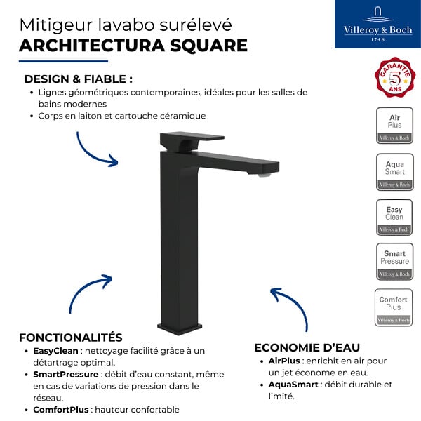 VILLEROY & BOCH - Villeroy & Boch Architectura Square Mitigeur Monocommande pour lavabo, Surélevée, Avec vidage, Noir Mat (TVW125002000K5) - large
