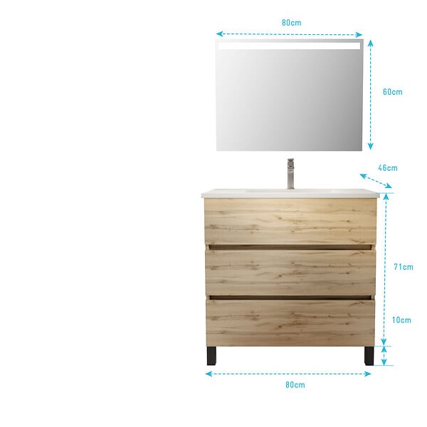 AURLANE - Pack Meuble SDB 80cm sur pieds 3 tiroirs Chene_Vasque blanche + Miroir Led - TIMBER 80_Pack46 - large