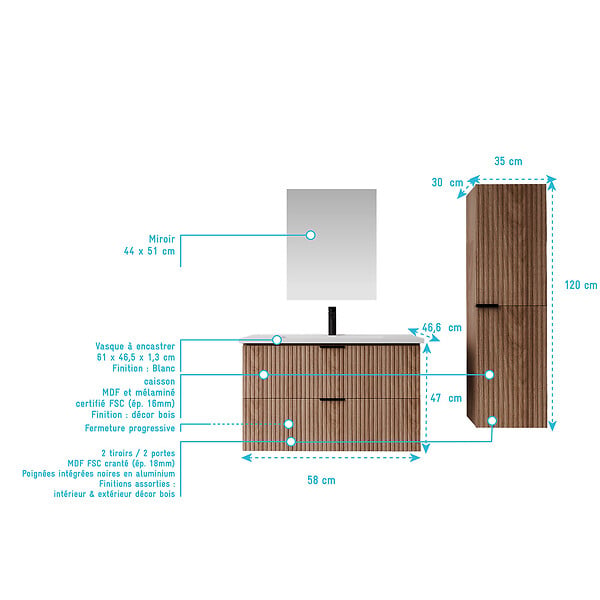 AURLANE - Pack Meuble salle de bain 60cm et Colonne de rangement - Façades Ondulées Décor Bois - MILO - large