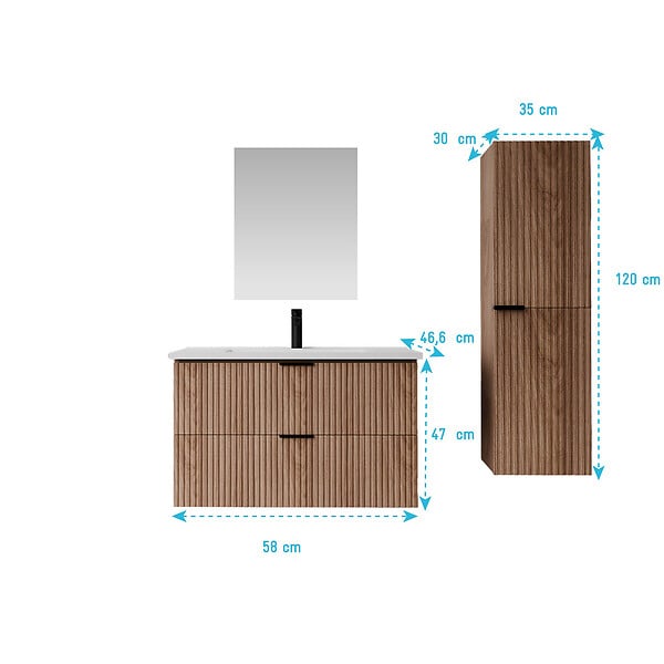 AURLANE - Pack Meuble salle de bain 60cm et Colonne de rangement - Façades Ondulées Décor Bois - MILO - large