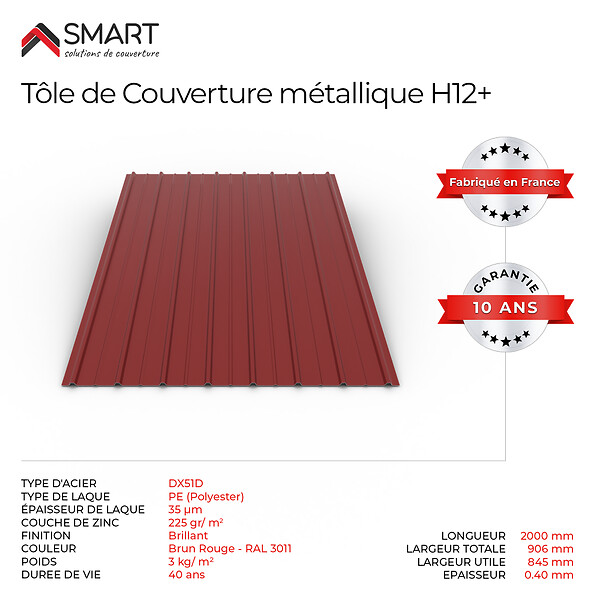 BRAVO THE SMART SOLUTION - Tôle bac acier - Toiture - Couverture - plaque H12+ Coloris Brun Rouge RAL 3011 Dimensions 2000x906x0.40 mm - large