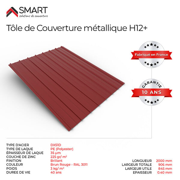 BRAVO THE SMART SOLUTION - Tôle bac acier - Toiture - Couverture - plaque H12+ Coloris Brun Rouge RAL 3011 Dimensions 2000x906x0.40 mm - large