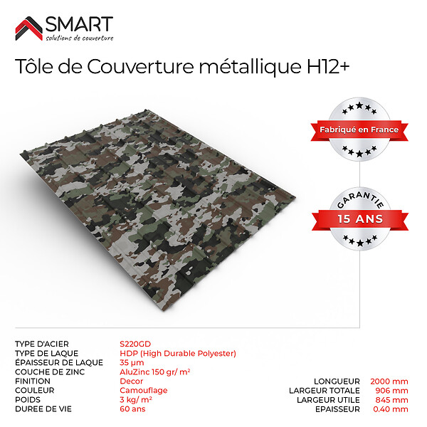 BRAVO THE SMART SOLUTION - Tôle bac acier - Toiture - Couverture - plaque H12+ Coloris Camouflage Printech Dimensions 2000x906x0.40 mm - large