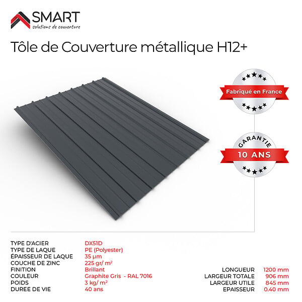 BRAVO THE SMART SOLUTION - Tôle bac acier - Toiture - Couverture - plaque H12+ Coloris Gris Anthracite RAL 7016 Dimensions 1200x906x0.40 mm - large