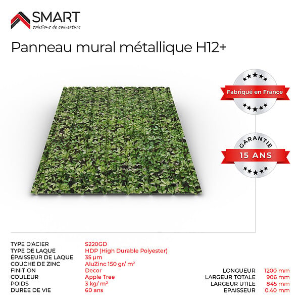 BRAVO THE SMART SOLUTION - Tôle bac acier - Bardage -  panneau mural H12+ Coloris Apple Tree Printech Dimensions 1200x906x0.40 mm - large