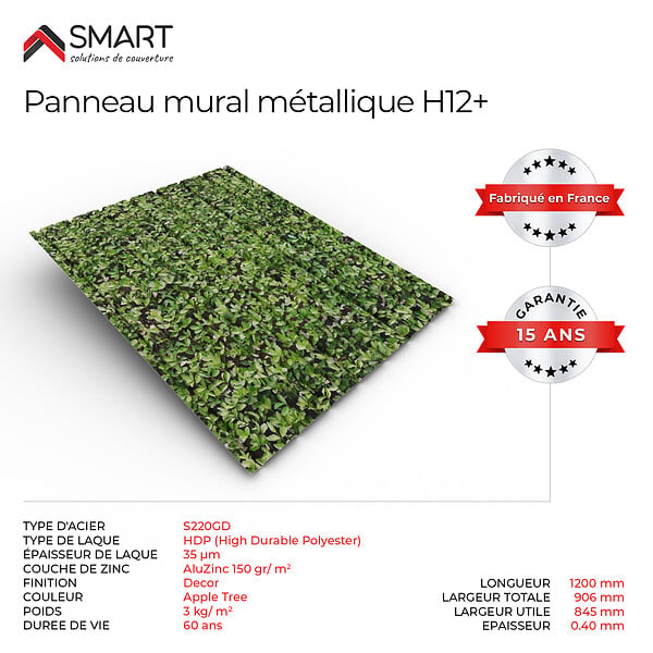 BRAVO THE SMART SOLUTION - Tôle bac acier - Bardage -  panneau mural H12+ Coloris Apple Tree Printech Dimensions 1200x906x0.40 mm - large