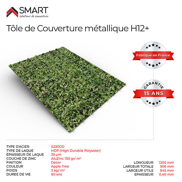 BRAVO THE SMART SOLUTION - Tôle bac acier - Toiture - Couverture - plaque H12+ Coloris Apple Tree Dimensions 1200x906x0.40 mm - large