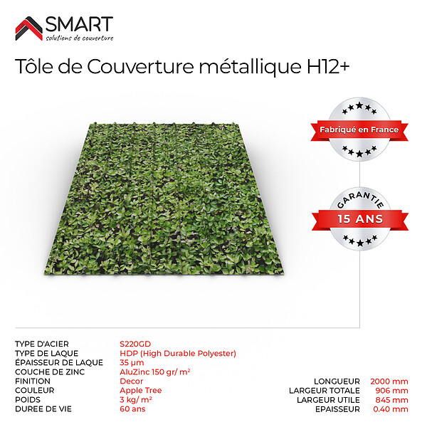 BRAVO THE SMART SOLUTION - Tôle bac acier - Toiture - Couverture - plaque H12+ Coloris Apple Tree Dimensions 2000x906x0.40 mm - large