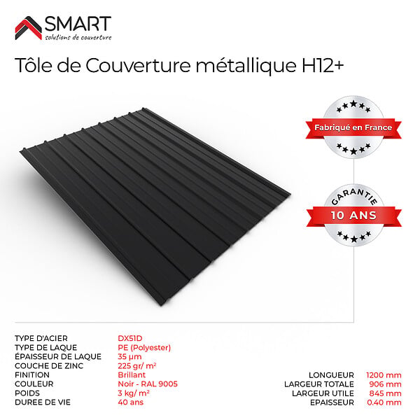 BRAVO THE SMART SOLUTION - Tôle bac acier - Toiture - Couverture - plaque H12+ Coloris Noir Brillant RAL 9005  Dimensions  1200x906x0.40 mm - large
