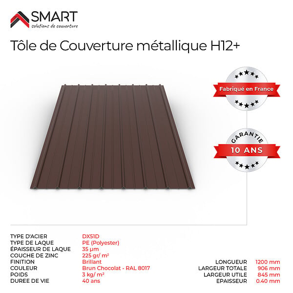 BRAVO THE SMART SOLUTION - Tôle bac acier - Toiture - Couverture - plaque H12+ Coloris Brun Chocolat RALl 8017  Dimensions 1200x906x0.40mm - large