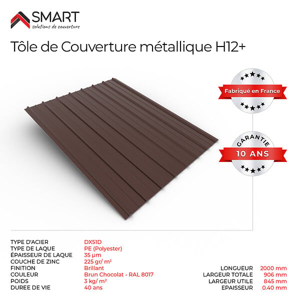 BRAVO THE SMART SOLUTION - Tôle bac acier - Toiture - Couverture - plaque H12+ Coloris Brun Chocolat RAL 8017  Dimensions 2000x906x0.40 mm - large