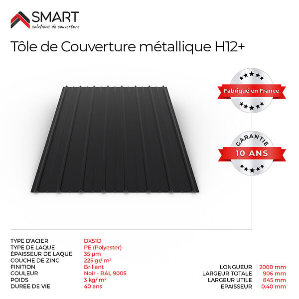 BRAVO THE SMART SOLUTION - Tôle bac acier - Toiture - Couverture - plaque H12+ Coloris Noir Brillant RAL 9005  Dimensions  2000x906x0.40 mm - large