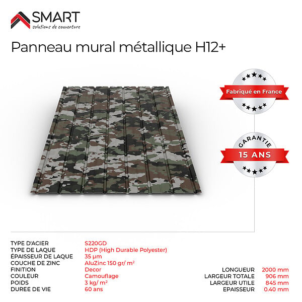 BRAVO THE SMART SOLUTION - Tôle bac acier - Bardage - panneau mural H12+ Coloris Camouflage Dimensions 2000x906x0.40mm - large