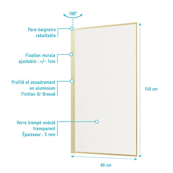 AURLANE - Pare baignoire Rabattable 80x140cm - Profilé Or Doré Brossé - Verre Trempé Ondulé 5mm - large