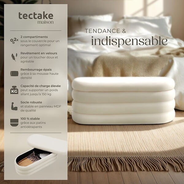 TECTAKE - Banc rembourré ALTU avec espace de rangement Aspect velours crème/ blanc - large