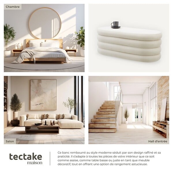 TECTAKE - Banc rembourré ALTU avec espace de rangement Aspect velours crème/ blanc - large