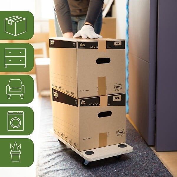 PACK AND MOVE - Pack and Move - Lot 4 chariots de transport pour déménagement - 150 KG max - 60 x 30 x 10 cm - Support roulette - Métal et MDF - large