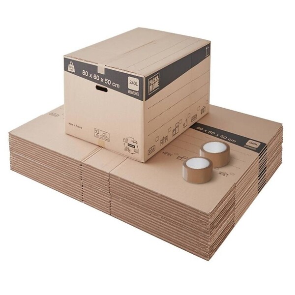 PACK AND MOVE - Pack and Move - Lot 20 cartons déménagement XXL - 80 x 60 x 50 cm - Poignées renforcées - 2 adhésifs offerts - large
