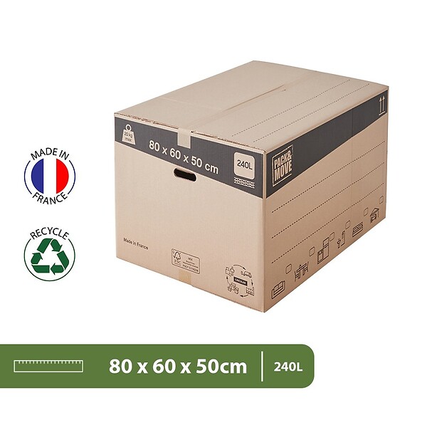 PACK AND MOVE - Pack and Move - Lot 20 cartons déménagement XXL - 80 x 60 x 50 cm - Poignées renforcées - 2 adhésifs offerts - large