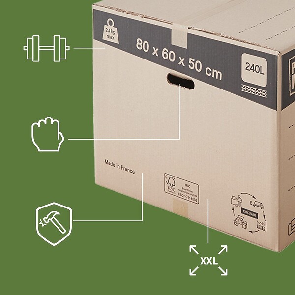 PACK AND MOVE - Pack and Move - Lot 20 cartons déménagement XXL - 80 x 60 x 50 cm - Poignées renforcées - 2 adhésifs offerts - large