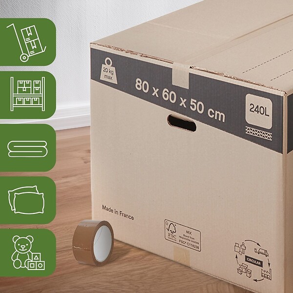 PACK AND MOVE - Pack and Move - Lot 20 cartons déménagement XXL - 80 x 60 x 50 cm - Poignées renforcées - 2 adhésifs offerts - large
