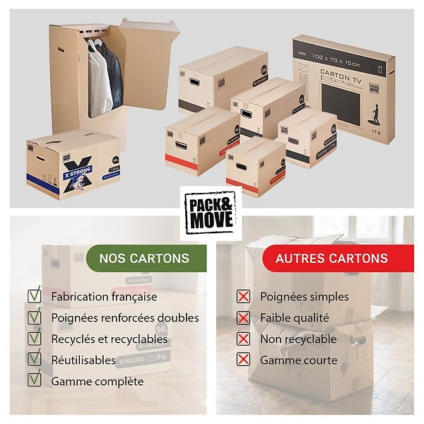 PACK AND MOVE - Pack and Move - Lot 40 cartons déménagement M - 60 x 40 x 30 cm - Poignées renforcées - 2 adhésifs offerts - large