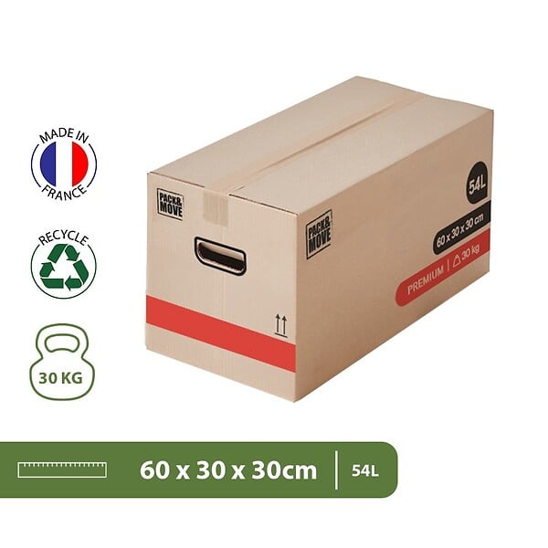 PACK AND MOVE - Pack and Move - Lot 10 Cartons Déménagement Premium - 60 X 30 X 30 - Extrême Résistance 20KG - Réutilisable - Poignées Renforcées - 1 Adhésif Offert - large