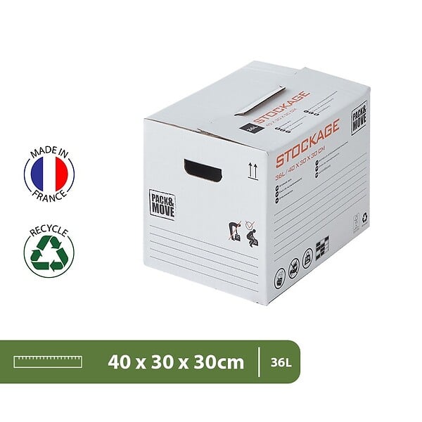 PACK AND MOVE - Pack and Move - Lot 20 cartons stockage - 40 x 30 x 30 cm - Poignées renforcées - 1 marqueur offert - large
